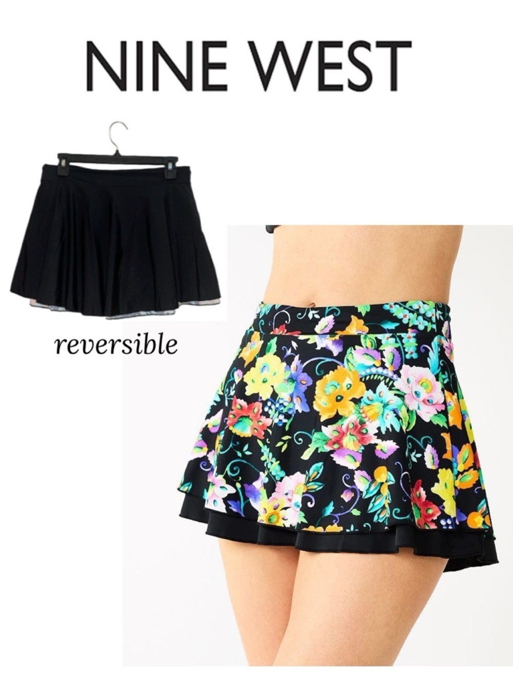 NINE WEST Reversible Floral Black Swim Skirt Beach Athleisure Resort Women's L